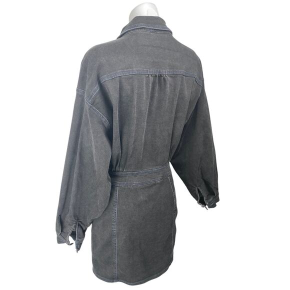 Free People Bo Black Long Sleeve Button Up Denim Jean Shirt Mini Dress Size M - Picture 2 of 5